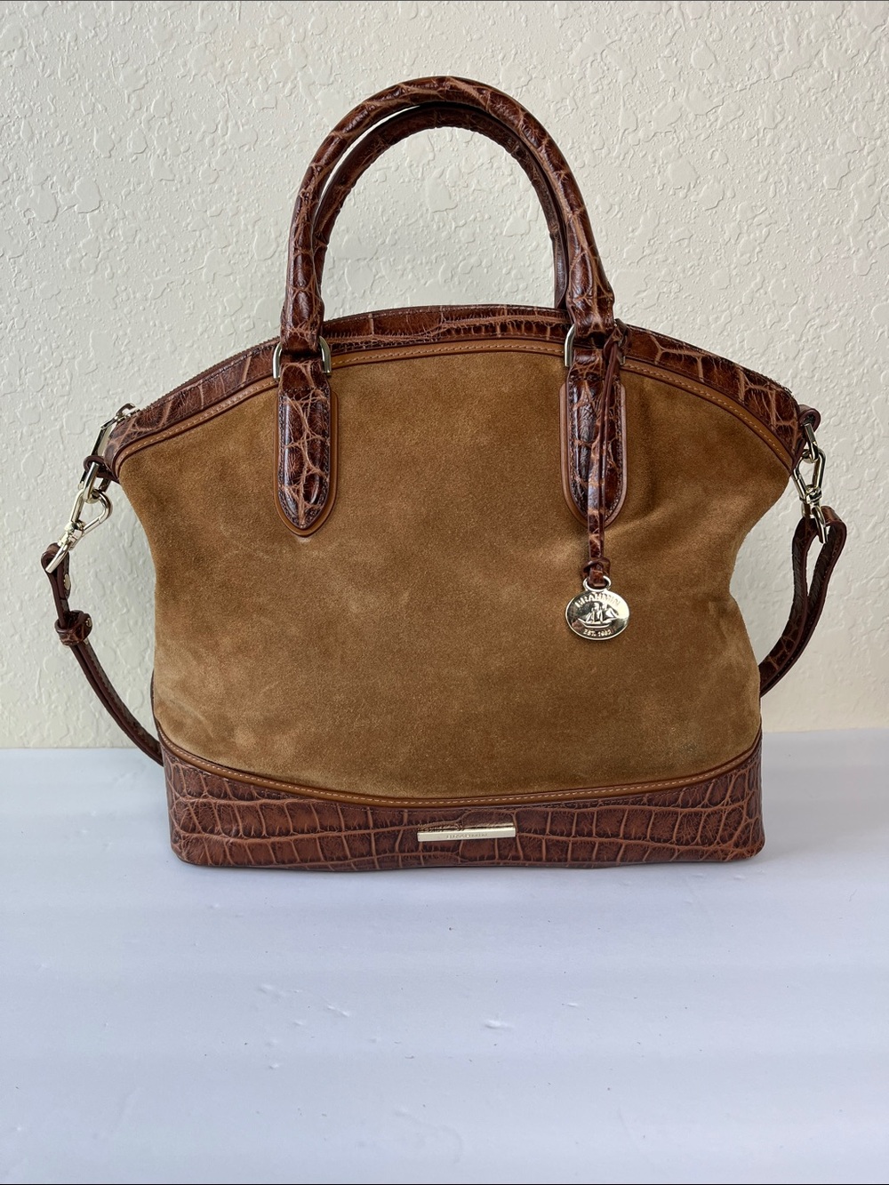 Brahmin Duxbury Satchel Tan Suede Brown Embossed Leather Trim